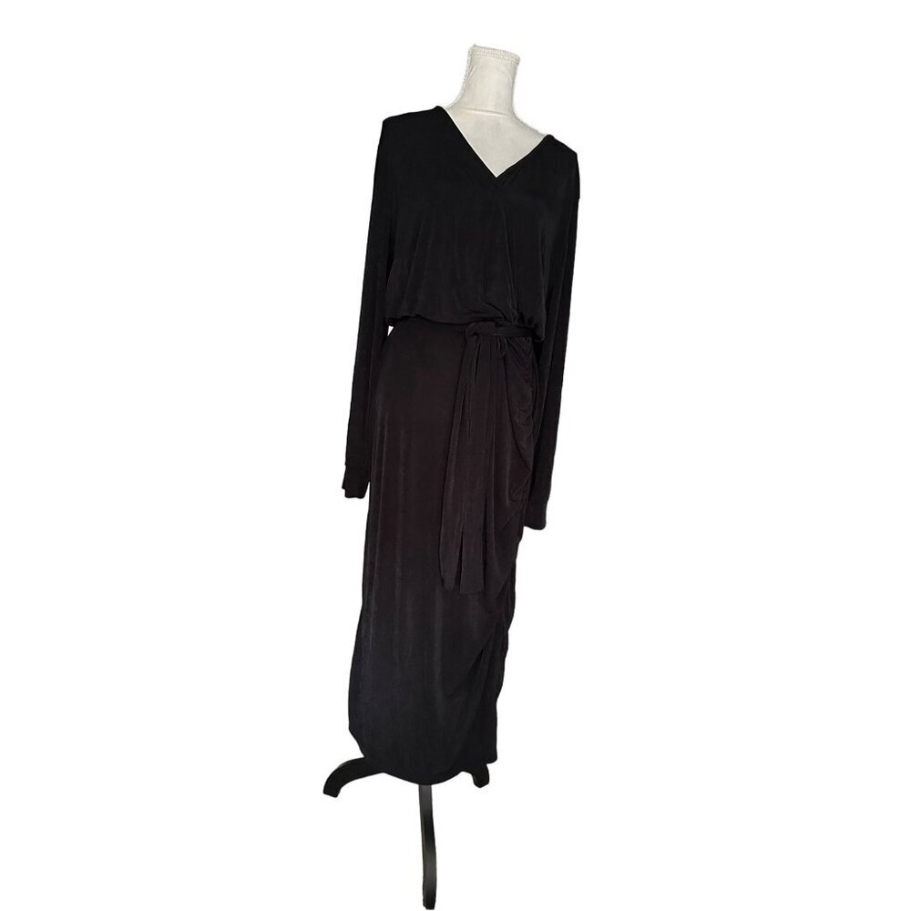 Ashley Sport Black Stretchy Belted Waist Long Sleeve Evening Dress V Neck Ruched - Picture 6 of 12